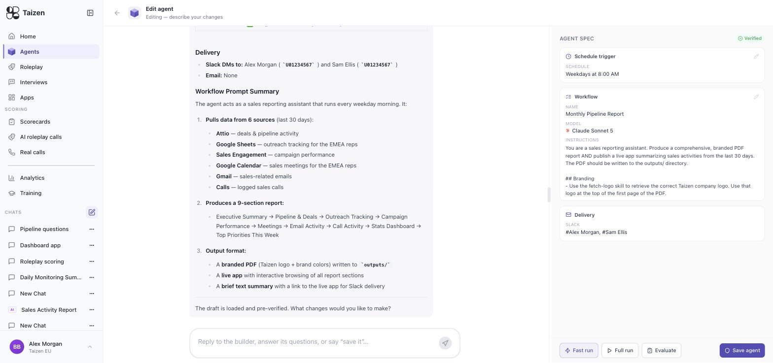 The agent builder: the builder chat on the left, and the Agent spec on the right showing the schedule trigger, workflow and delivery
