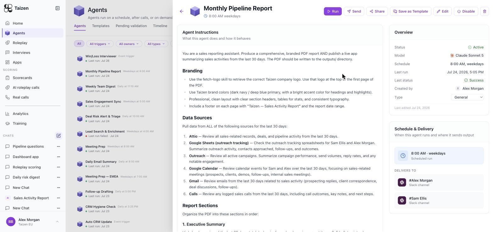 An agent's detail page showing its instructions, status, model, schedule and Slack delivery destinations