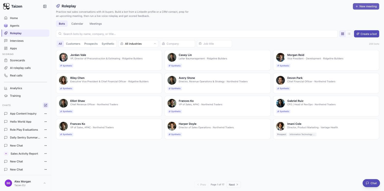 The Roleplay bots library, filterable by customers, prospects, synthetic, industry, company and job title