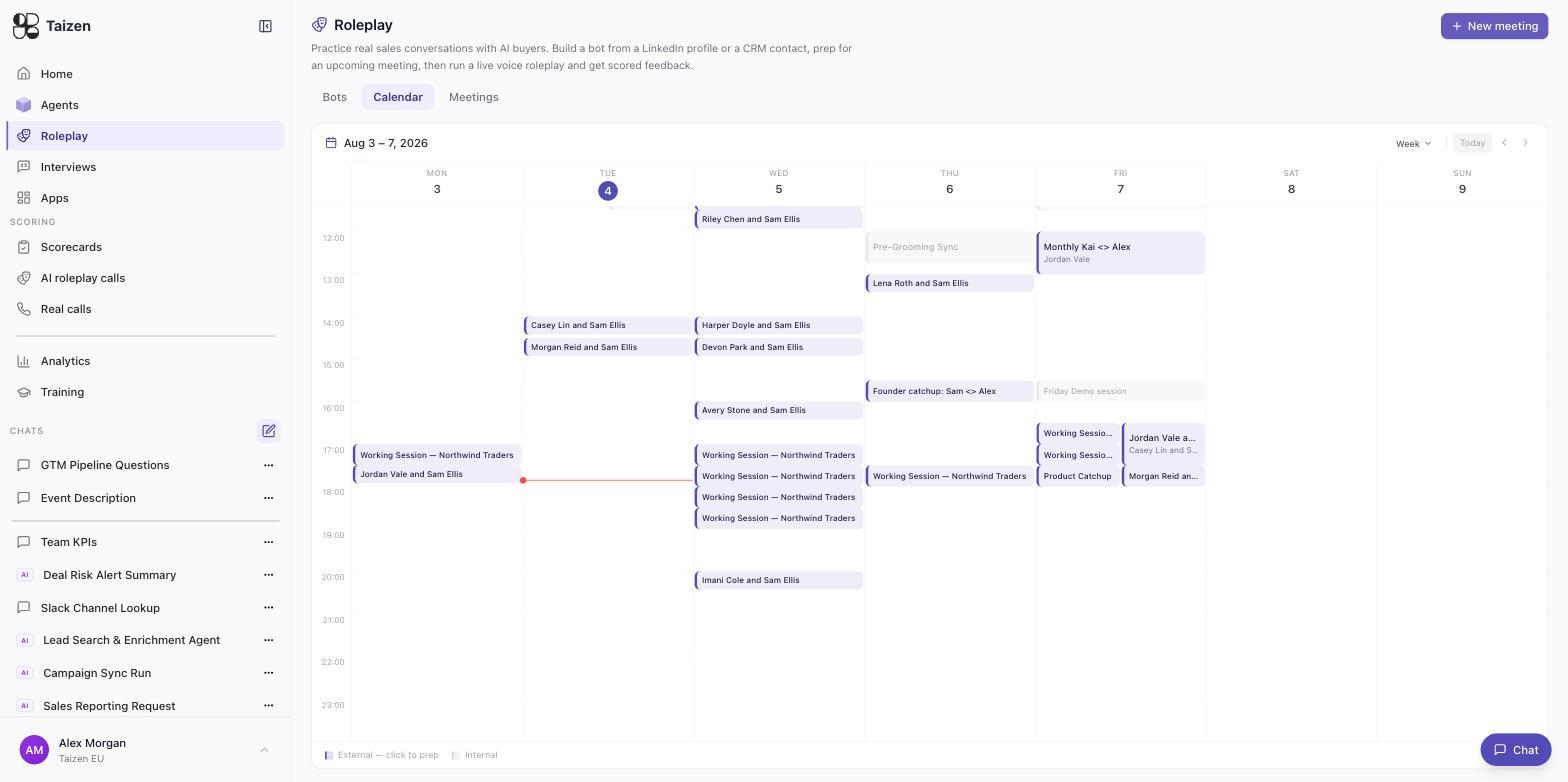 Roleplay, Calendar: a week grid with external meetings highlighted for prep and internal ones greyed out