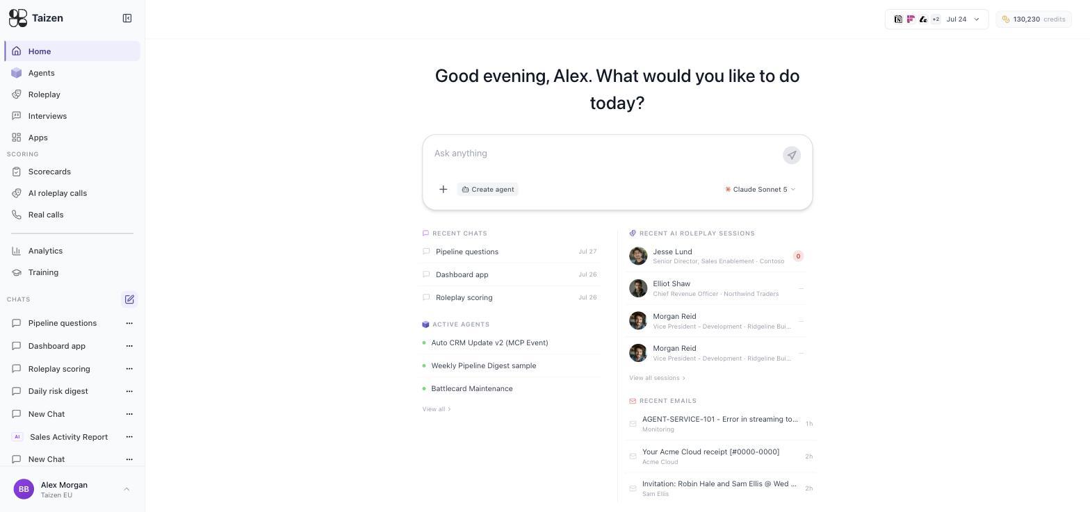 The Taizen home screen: an Ask anything box, with recent chats, active agents, recent roleplay sessions and recent emails below