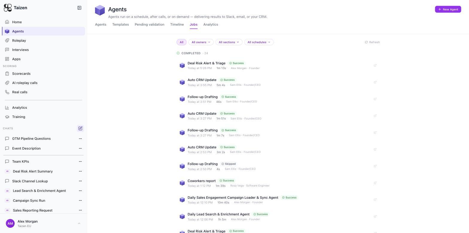 Agents, Jobs: today's completed jobs, each with a success or skipped badge, start time, duration and owner