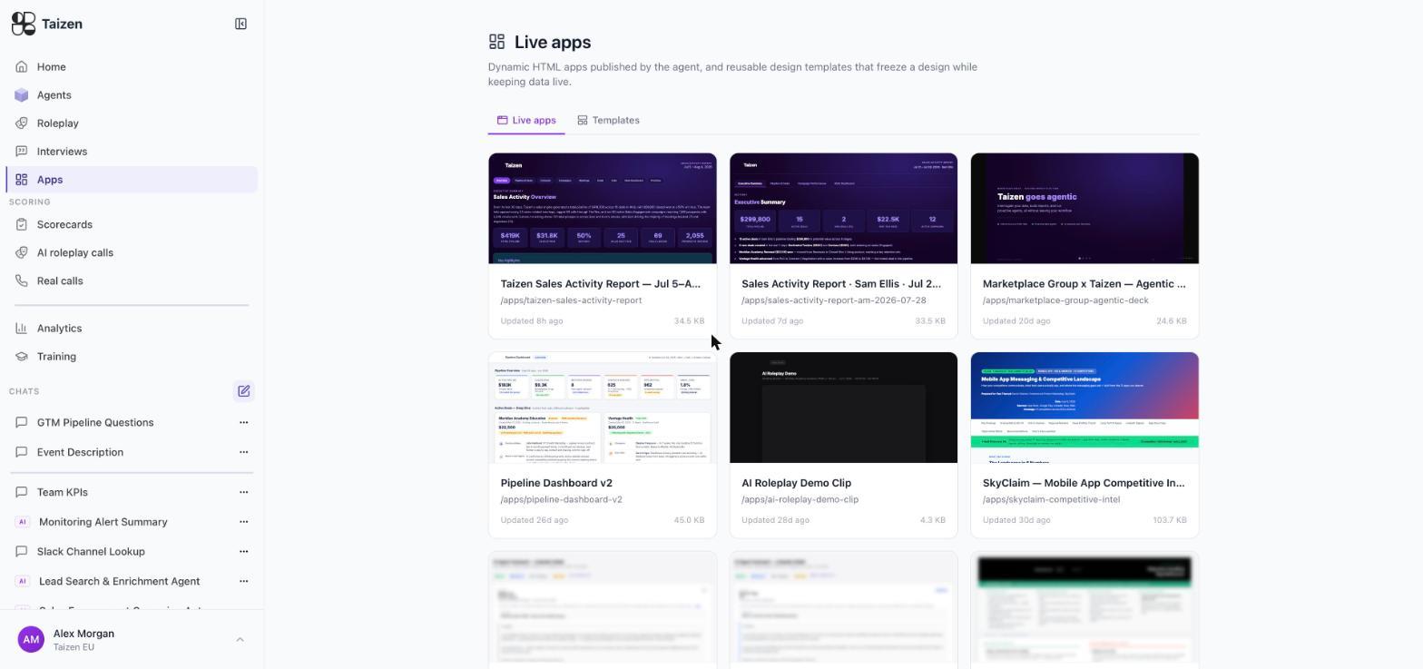 The Live apps index: each card renders a live preview of the published page above its name, path, last-updated time and size