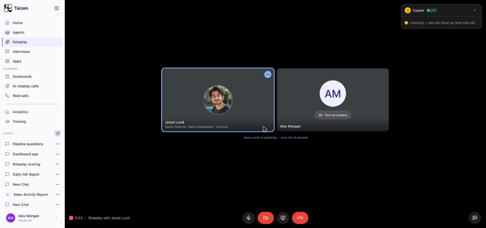 A live roleplay: the AI buyer and the rep as call tiles, a live Copilot panel, and mic, camera, screen-share and end-call controls