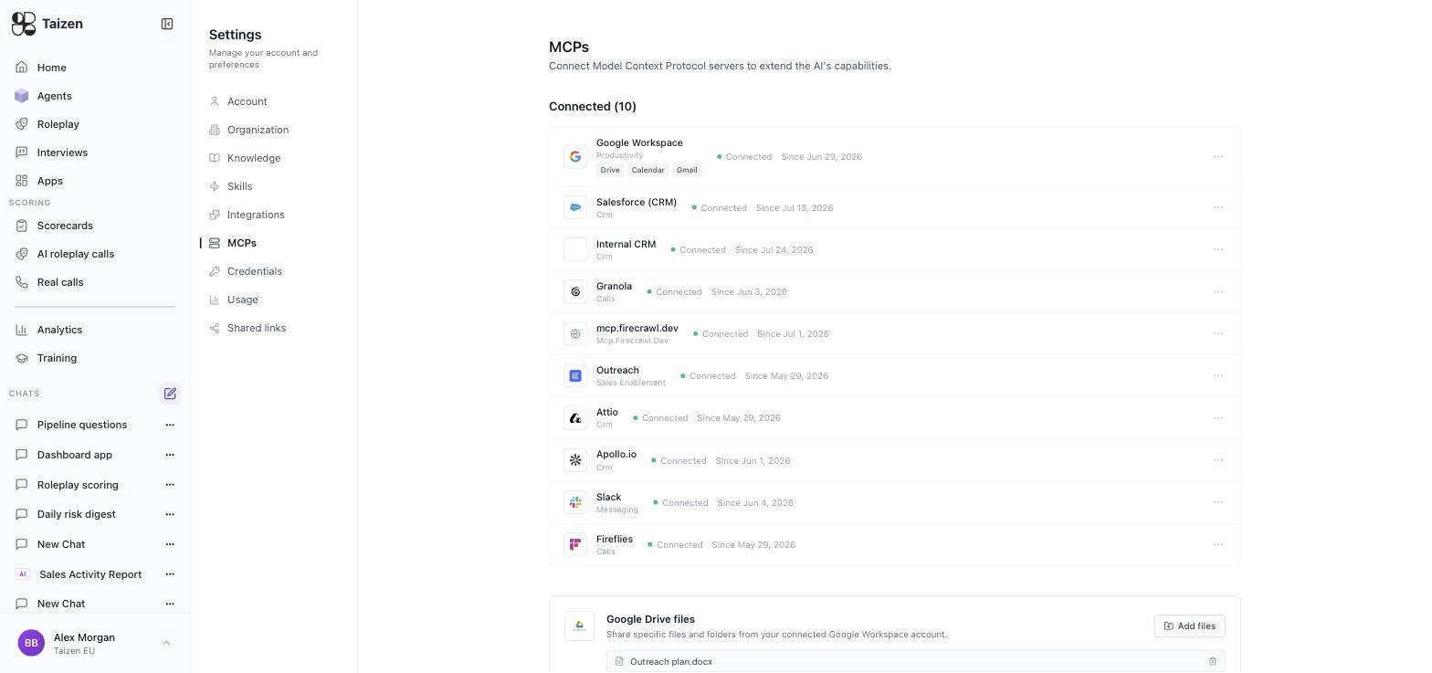 Settings, MCPs: connected Model Context Protocol servers with their category and connection date