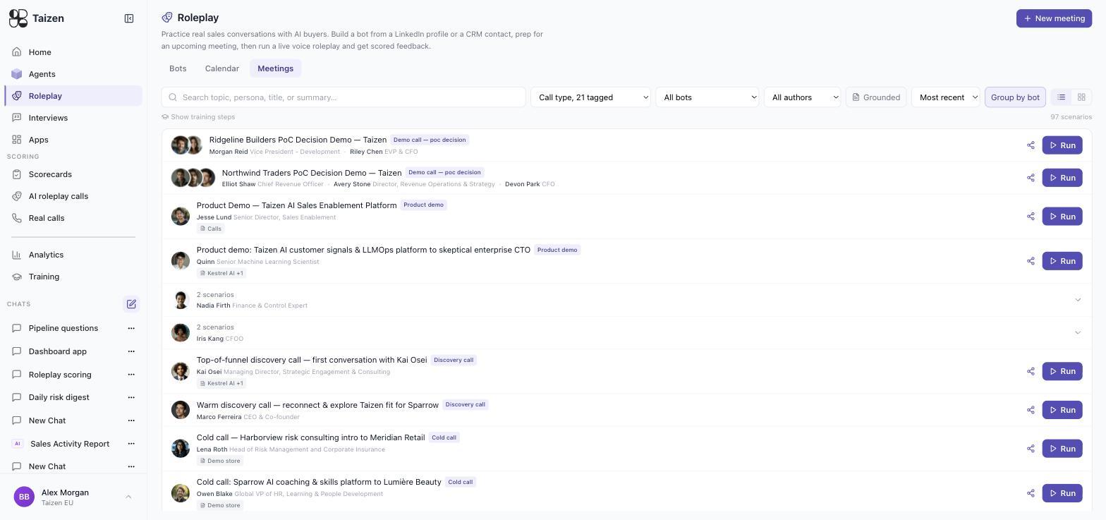 Roleplay, Meetings: saved scenarios grouped by bot, each with its call type, stakeholders, grounding documents and a Run action