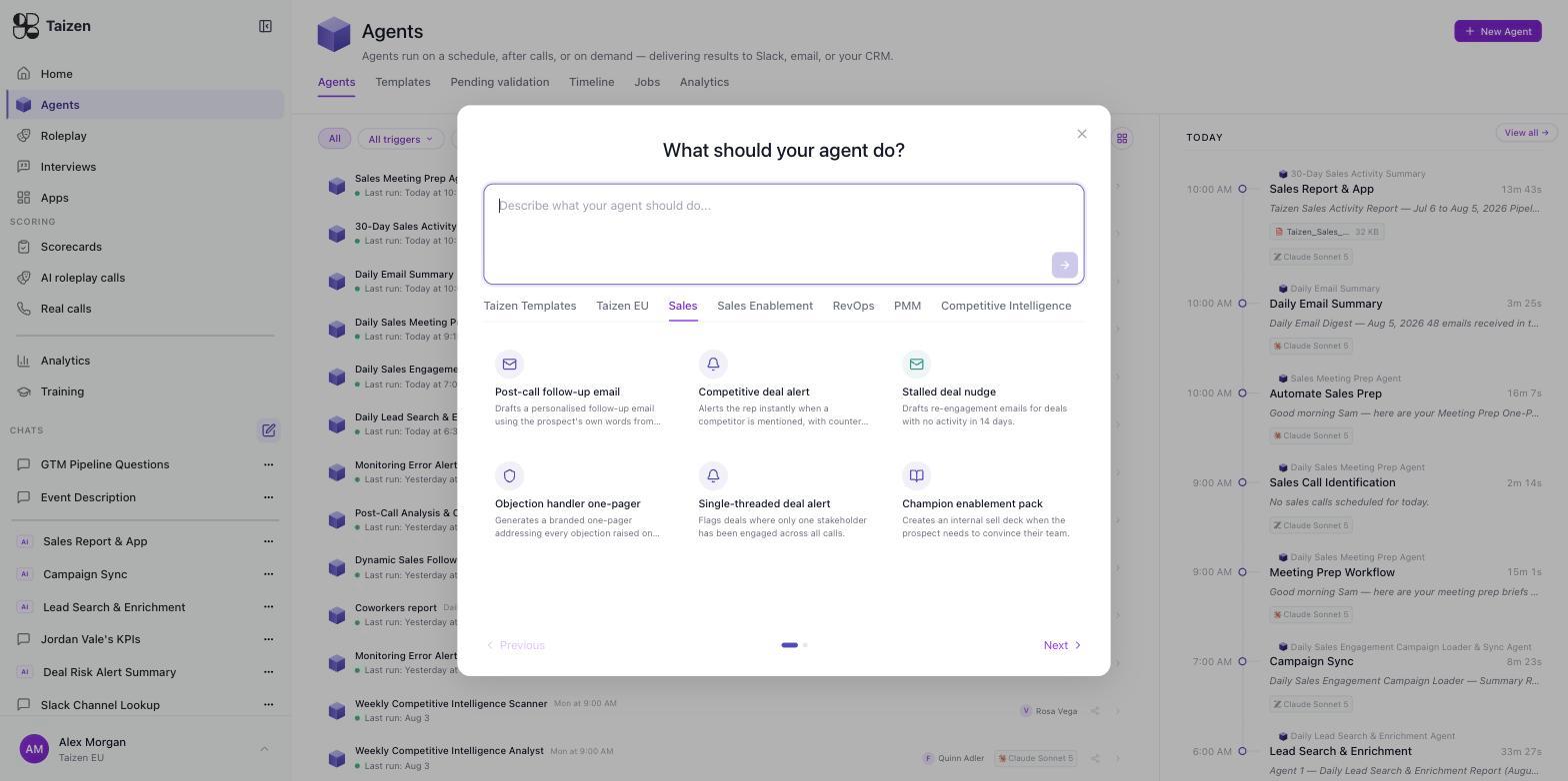 The New Agent dialog: a describe-your-agent box above the Taizen template library, with tabs per team and template cards