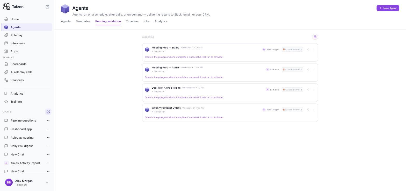 The Pending validation tab, listing agents that need a successful test run before they activate