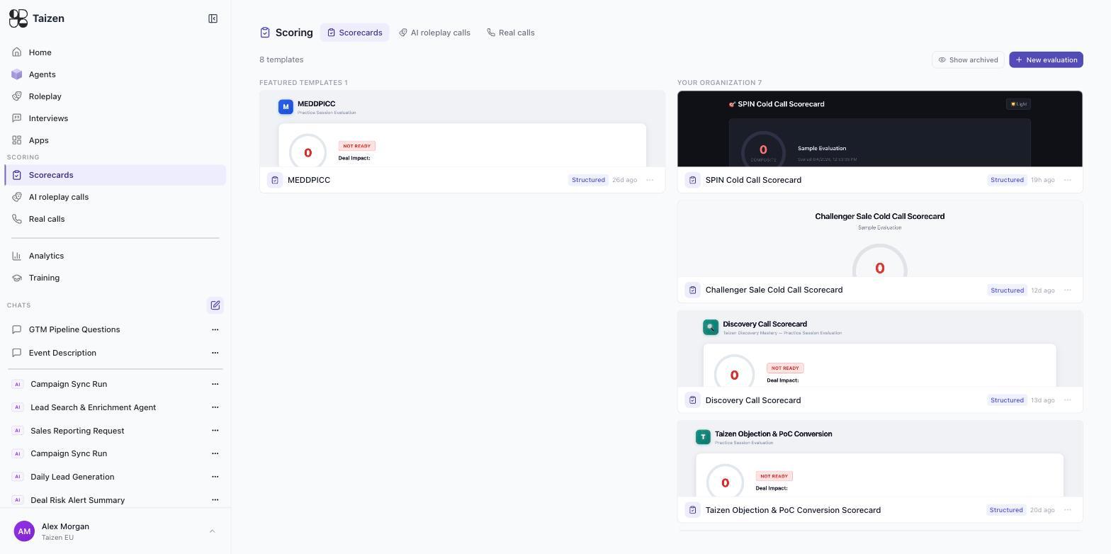 The Scorecards tab: MEDDPICC as a featured template beside the organization's own SPIN, Challenger, discovery and PoC-conversion scorecards, each card previewing the report it produces