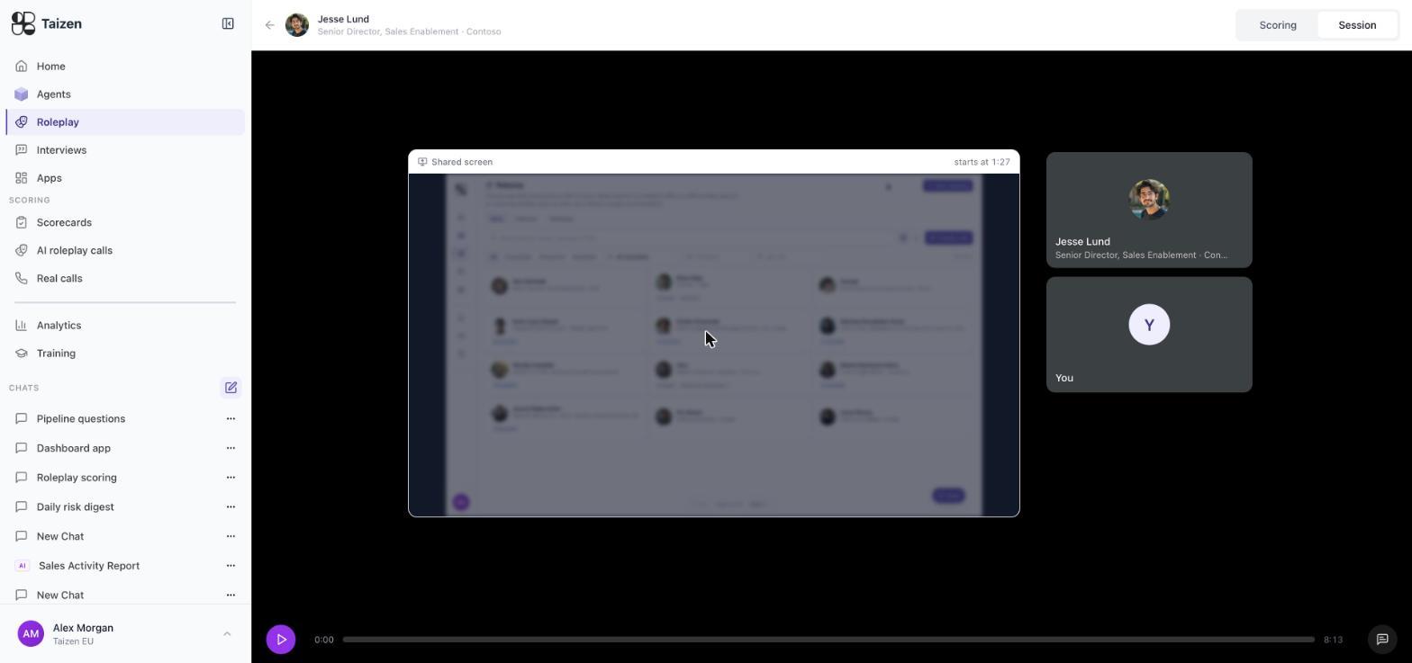 A session replay showing the shared screen panel — the seller demoing the product — beside the buyer and rep tiles
