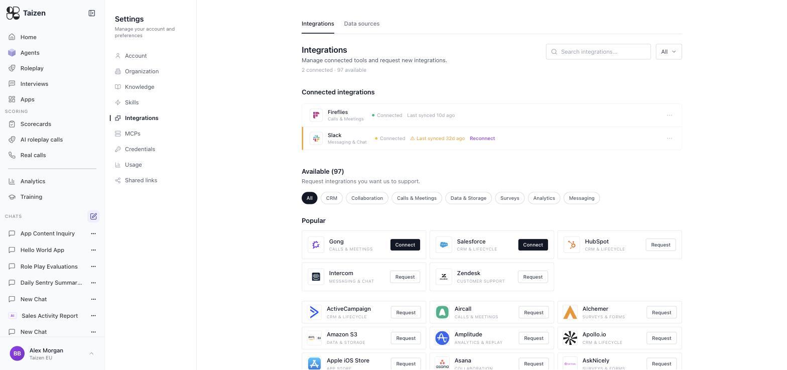 Settings, Integrations: connected tools with their last sync time, above the catalog of available integrations