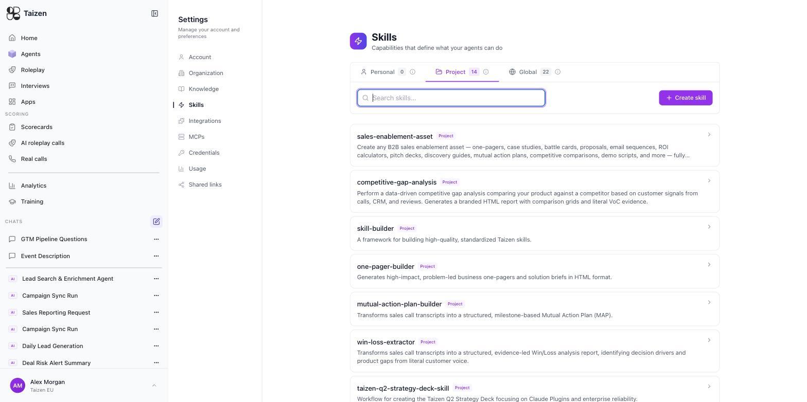 Settings, Skills: Project-scope skills including sales-enablement-asset, competitive-gap-analysis and one-pager-builder