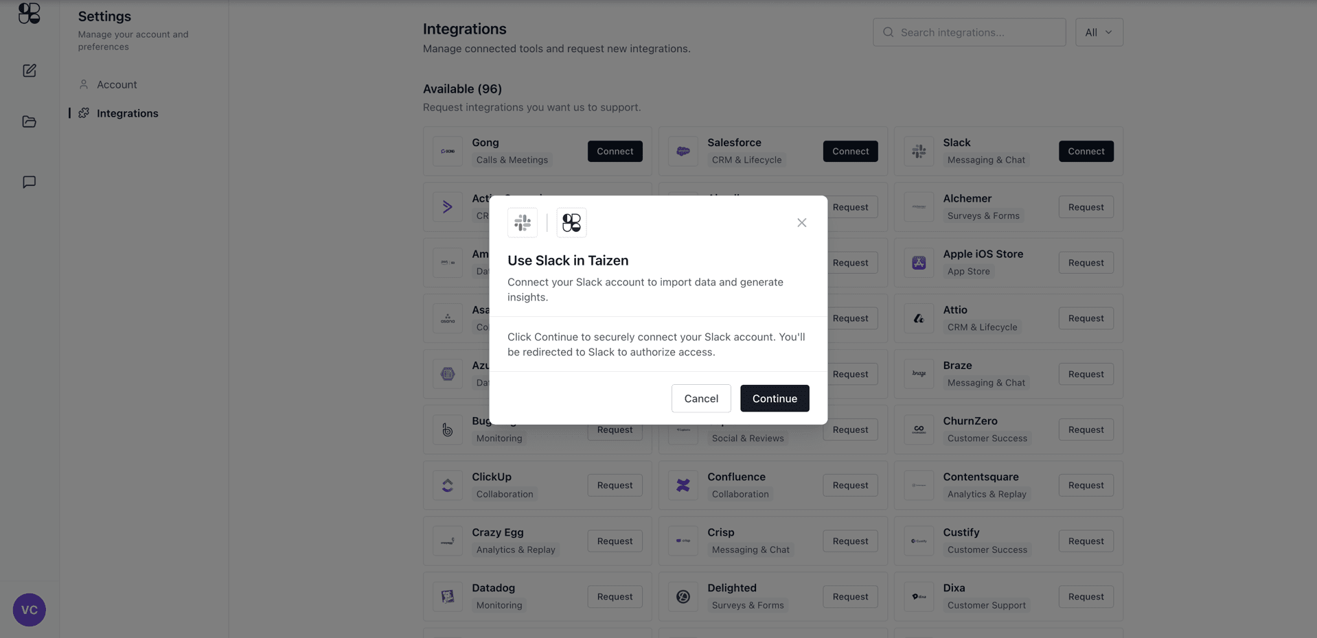 Slack connect modal