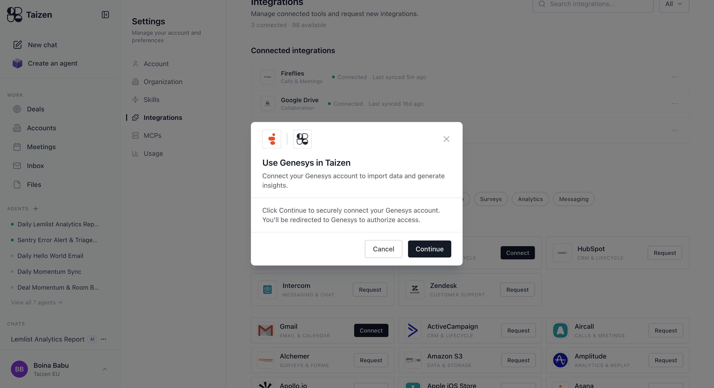 Genesys Cloud connect modal