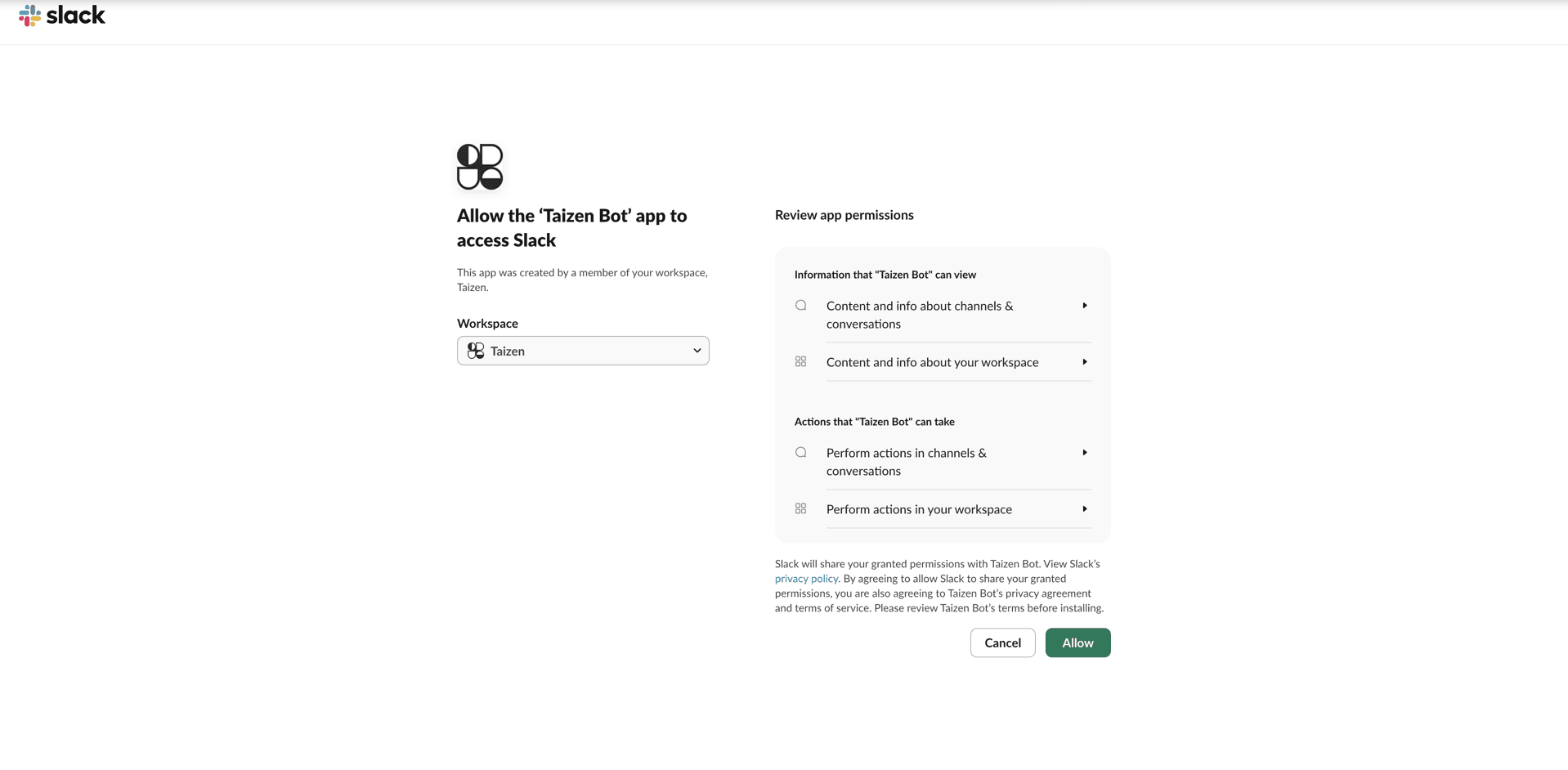 Slack permission screen