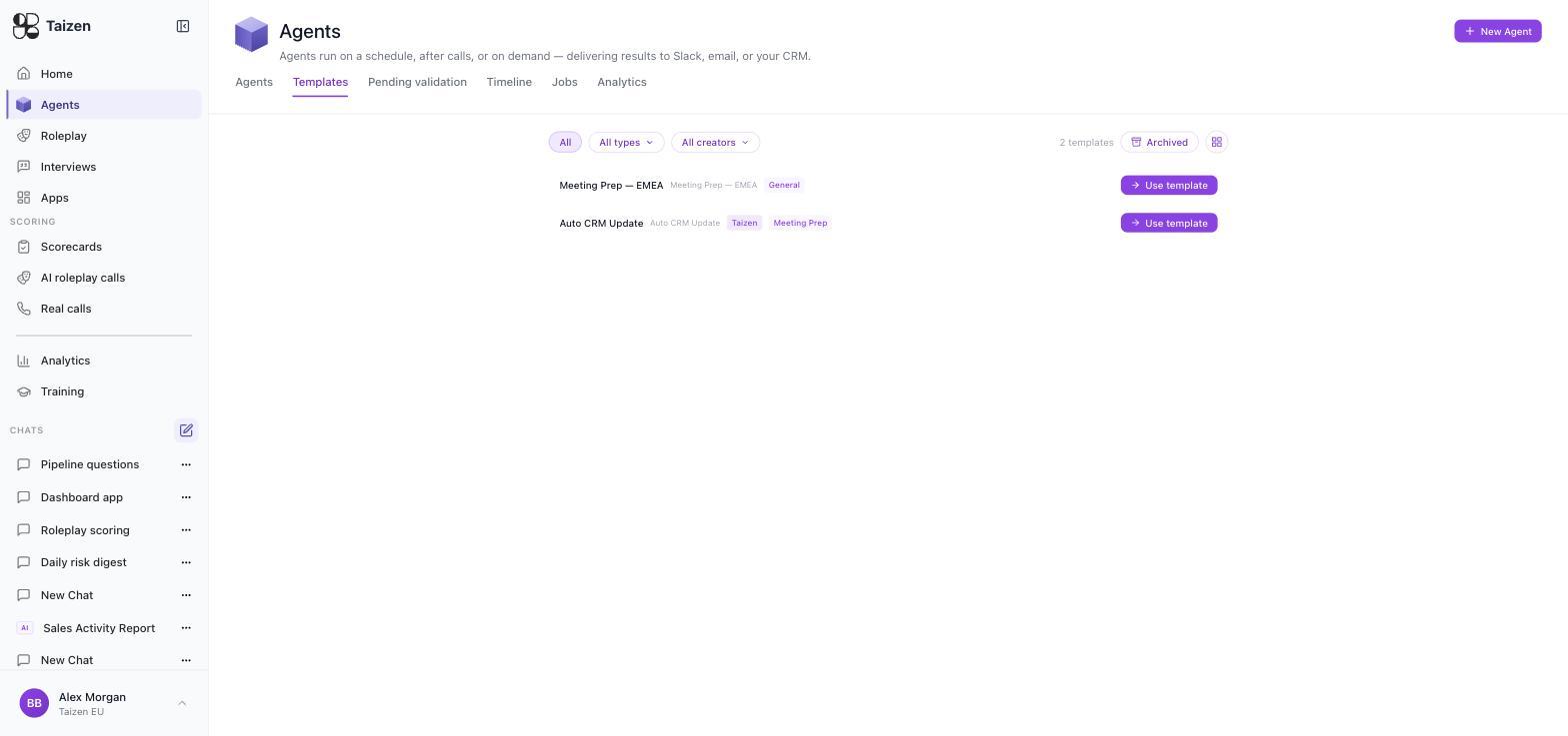 Agents, Templates: saved templates with type and creator filters and a Use template action