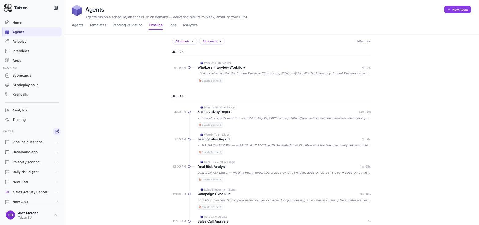 The Timeline tab, grouping runs by day with the output preview, model and duration for each