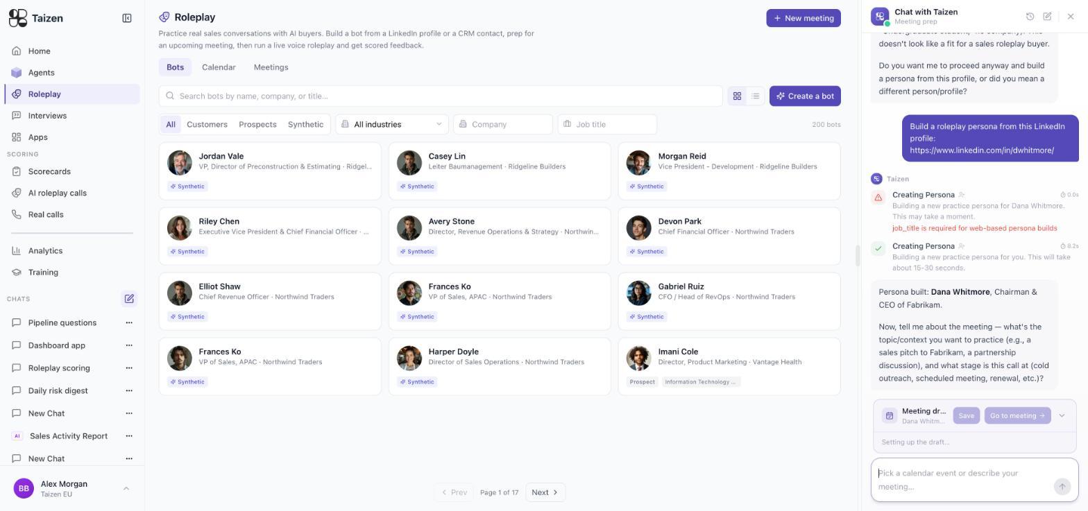The create-a-bot chat: a pasted LinkedIn URL, the persona-build steps, "Persona built", and a meeting draft with Save