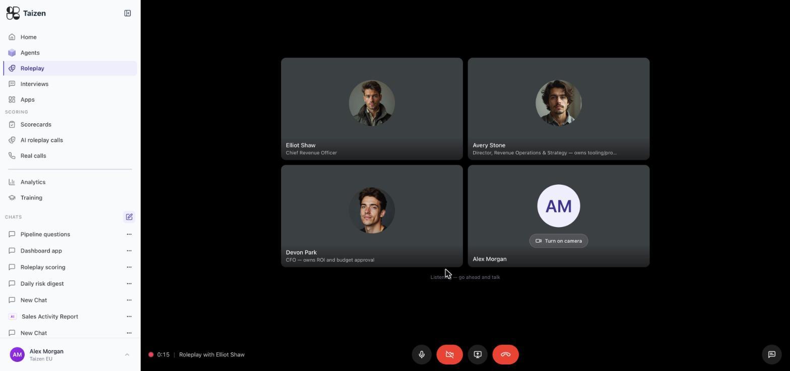 A live roleplay room with three AI buyers — a CRO, a RevOps director and a CFO — plus the rep's own tile