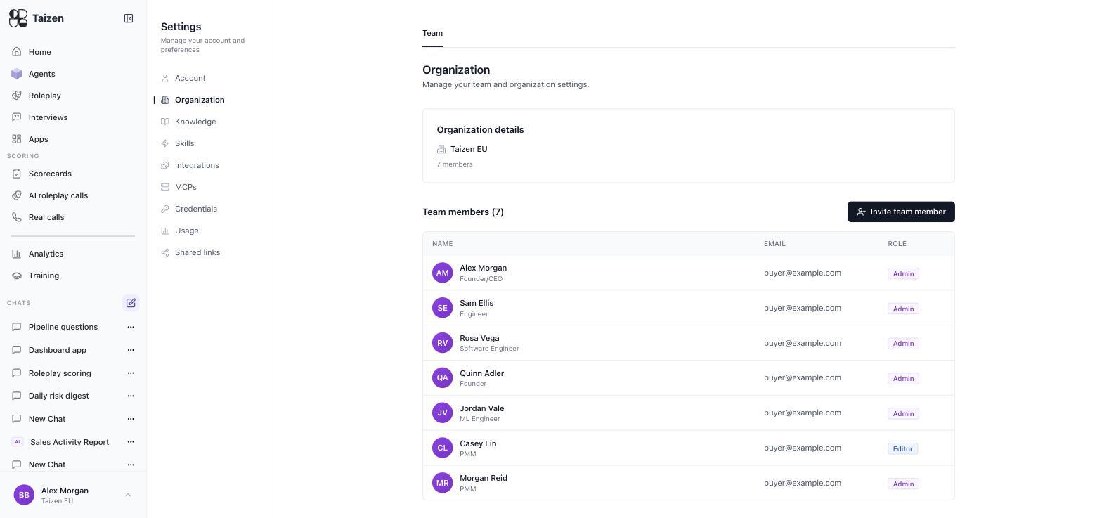 Settings, Organization: organization details and the team member list with names, emails and roles