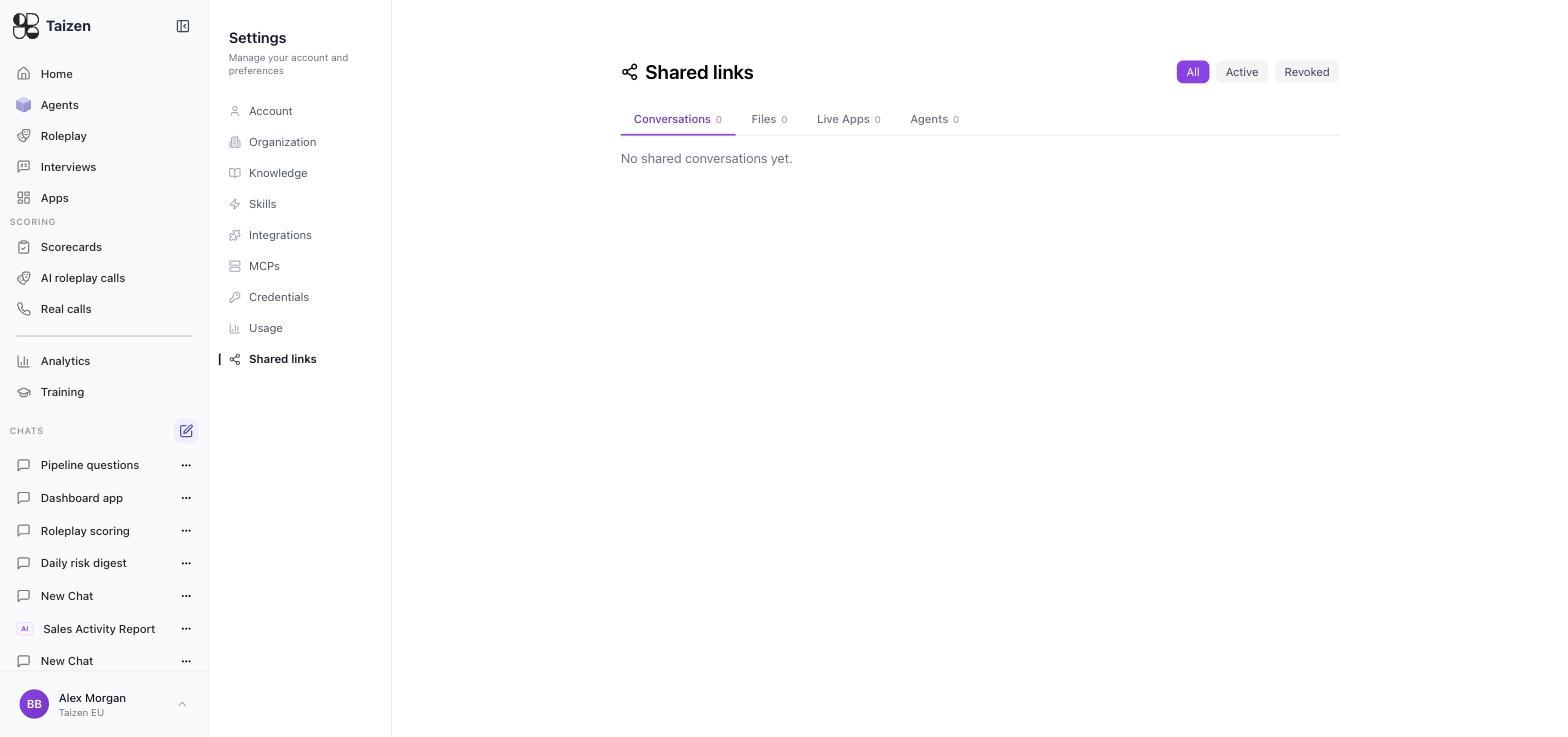 Settings, Shared links: Conversations, Files, Live Apps and Agents tabs with All, Active and Revoked filters